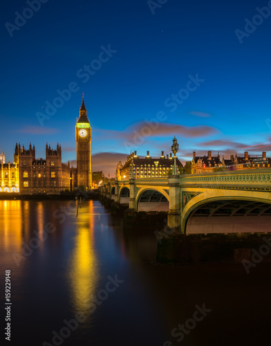 View of the Houses of Parliament and Westminster Bridge in London at night