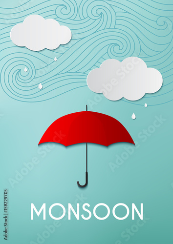 Rainy day, origami made umbrella and clouds on blue sky background