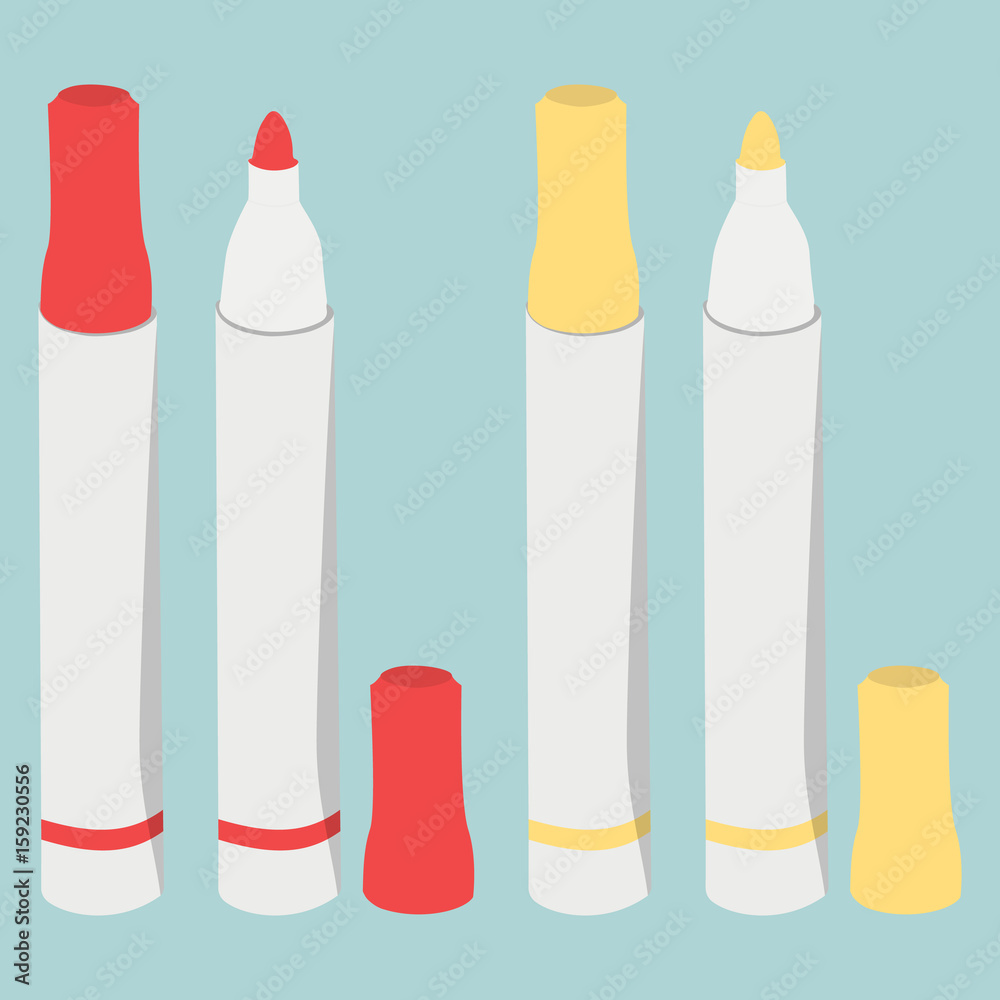 Red and yellow highlighters markers set with lid on turquoise background. Office supplies stationery set. Vector illustration Red and yellow highlighters markers set with lid on turquoise background. Office supplies stationery set. Vector illustration