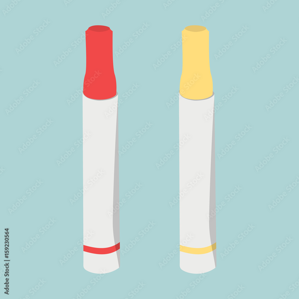 Red and yellow highlighters markers set with lid on turquoise background. Office supplies stationery set. Vector illustration