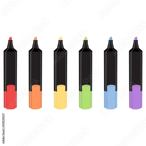 Bright red, yellow, blue, green, orange, purple highlighters markers set with lid on turquoise background. Office supplies stationery set. Vector illustration