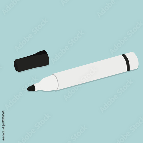 Black highlighter marker with lid on turquoise background. Office supplies stationery. Vector illustration