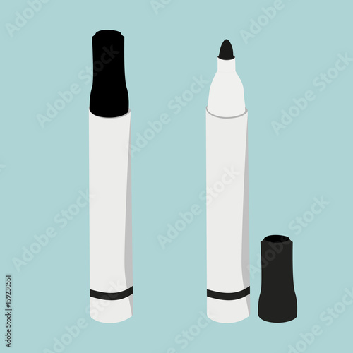 Black highlighters markers set with lid on turquoise background. Office supplies stationery set. Vector illustration