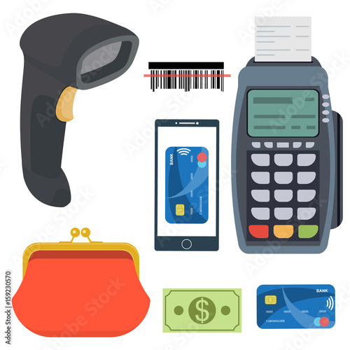 Payment and banking set. All for business payments: POS payment terminal, barcode scanner, receipt, purse wallet, credit cards, smartphone and contactless paywave payment. Vector illustration