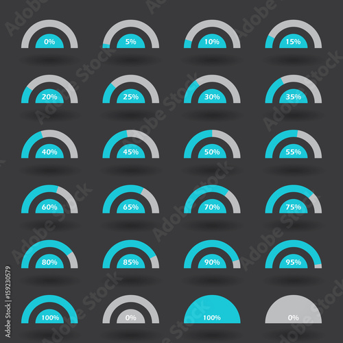 Business infographic icons elements template pie semicircle graph percentage turquoise chart with step of 5. 0 5 10 15 20 25 30 35 40 45 50 55 60 65 70 75 80 85 90 95 100 % set. Vector illustration.