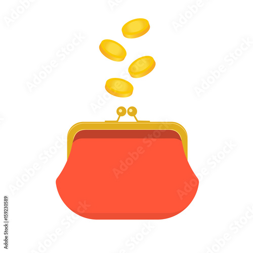 Retro purse with cash. Golden coins falling into purse. Business and finance symbol. Red. Vector illustration