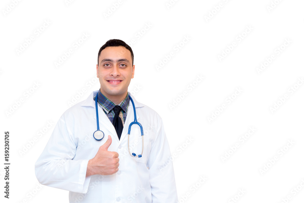 male doctor hand showing thumbs up on white background.