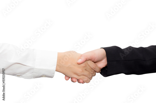 Handshake of businessman and businesswoman after successful business meeting isolated on white background.