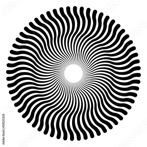 Serpentine lines forming a circular pattern and a three-dimensional effect. The pattern creates an optical illusion as if it is moving. Black and white illustration, on white background. Vector.