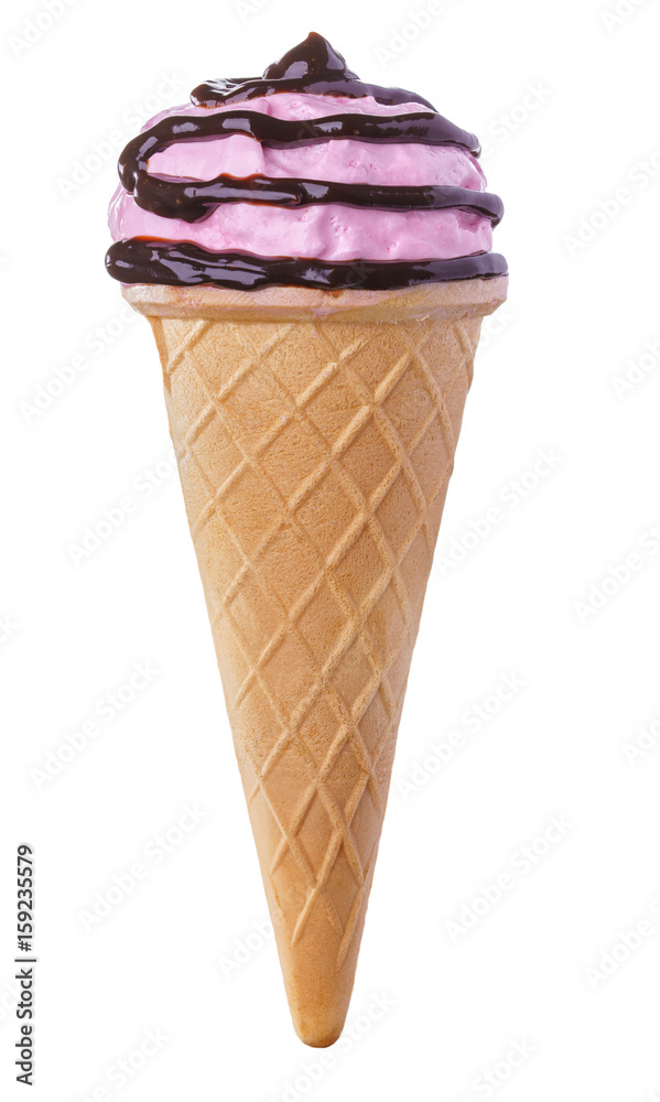 Pink ice cream with chocolate sauce in a waffle cone Pink ice cream with chocolate sauce in a waffle cone