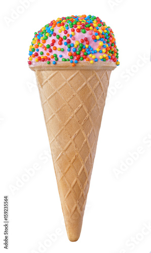 Pink ice cream with sprinkles in a waffle cone