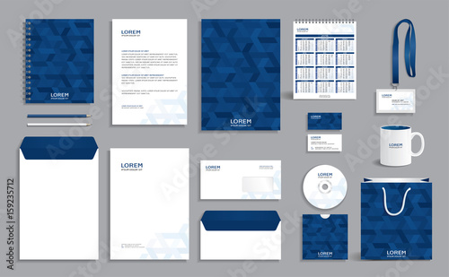 Corporate identity design template with dark blue geometric background
