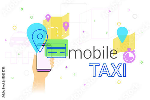 Mobile booking taxi cab on smartphone concept illustration. Human hand holds smart phone with app for ordering taxi vehicle, choosing route and pay by credit card. Creative e-commerce banner
