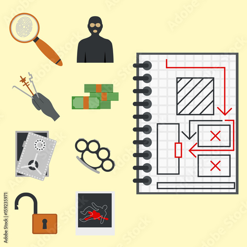 Crime icons protection law justice sign security police gun offence felony transgression flat vector illustration