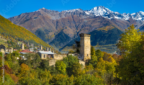 Svan towers in snowy mountains