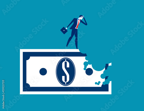 Bite out of profits. Businessman standing on money. Concept business vector illustration.