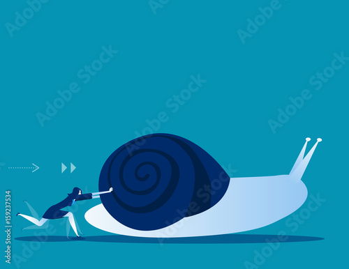 Businesswoman pushing snail. Concept business vector illustration.