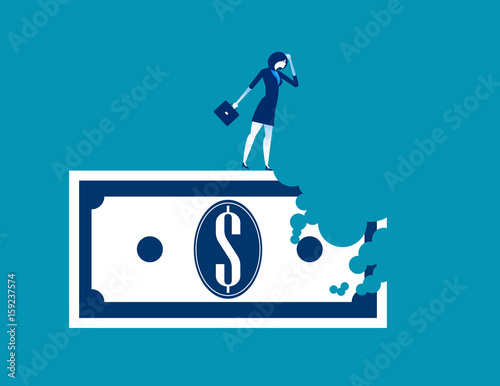 Bite out of profits. Businesswoman standing on money. Concept business vector illustration.