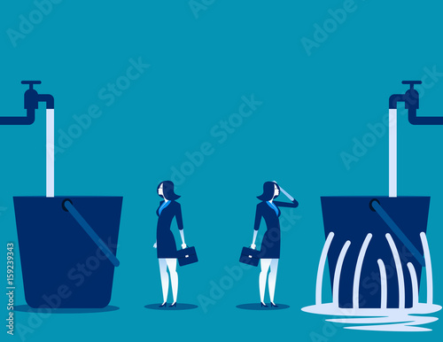 Businesswoman and leaking bucket. Contrast between business. Vector illustration.