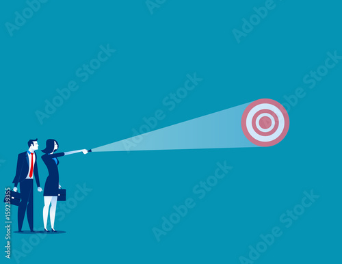 Businesswoman shining light on target. Concept business vector.