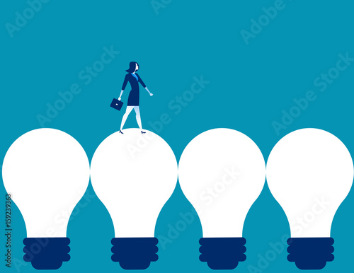 Businesswoman walking on light bulb. Concept business vector illustration.