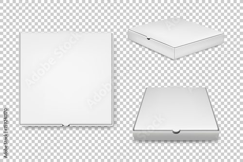 Realistic vector white pizza boxes icon set. Corporate identity and branding elements. Closeup isolated on transparent background. Design template, mockup in EPS10.