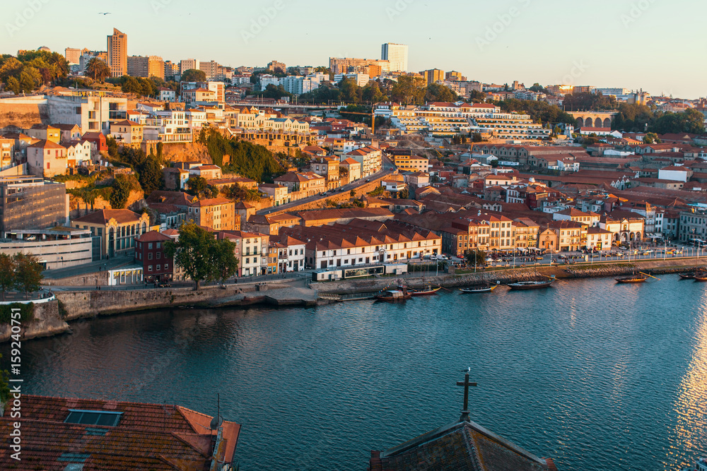Bird's-eye view of the Douro river and waterfront Vila Nova de Gaia, Porto, Portugal.