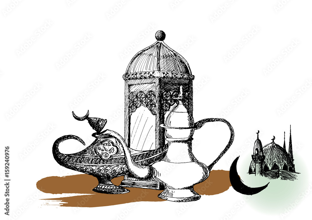 Ramadan Kareem Iftar party celebration, Eid Al Fitr Mubarak, Hand Drawn Sketch Vector illustration. Ramadan Kareem Iftar party celebration, Eid Al Fitr Mubarak, Hand Drawn Sketch Vector illustration.