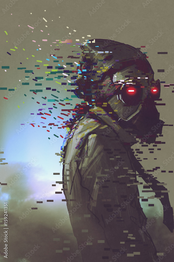 Naklejka premium the man cyborg in a futuristic mask with glitch effect, digital art style, illustration painting