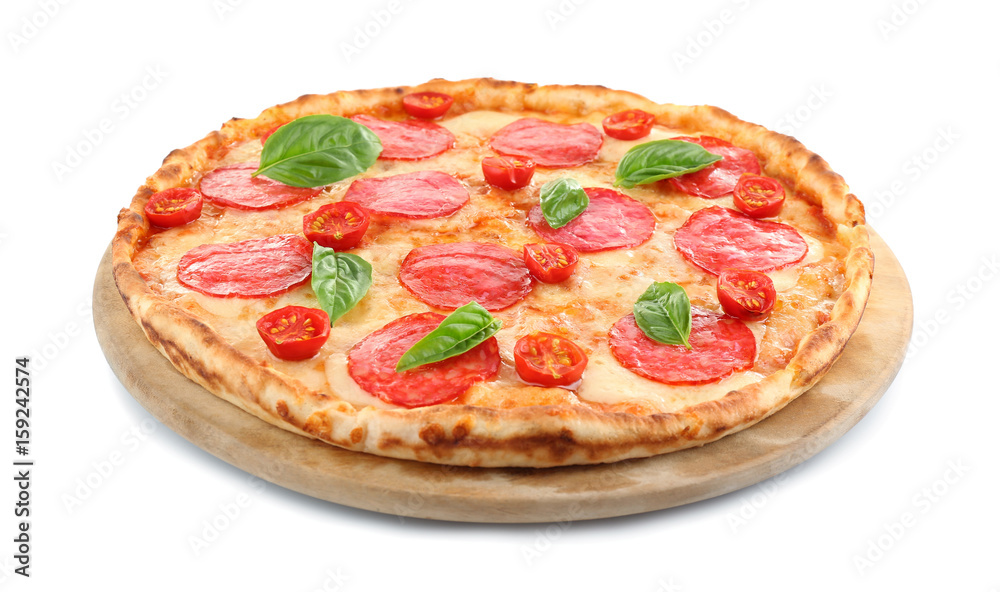 Pizza with salami isolated on white
