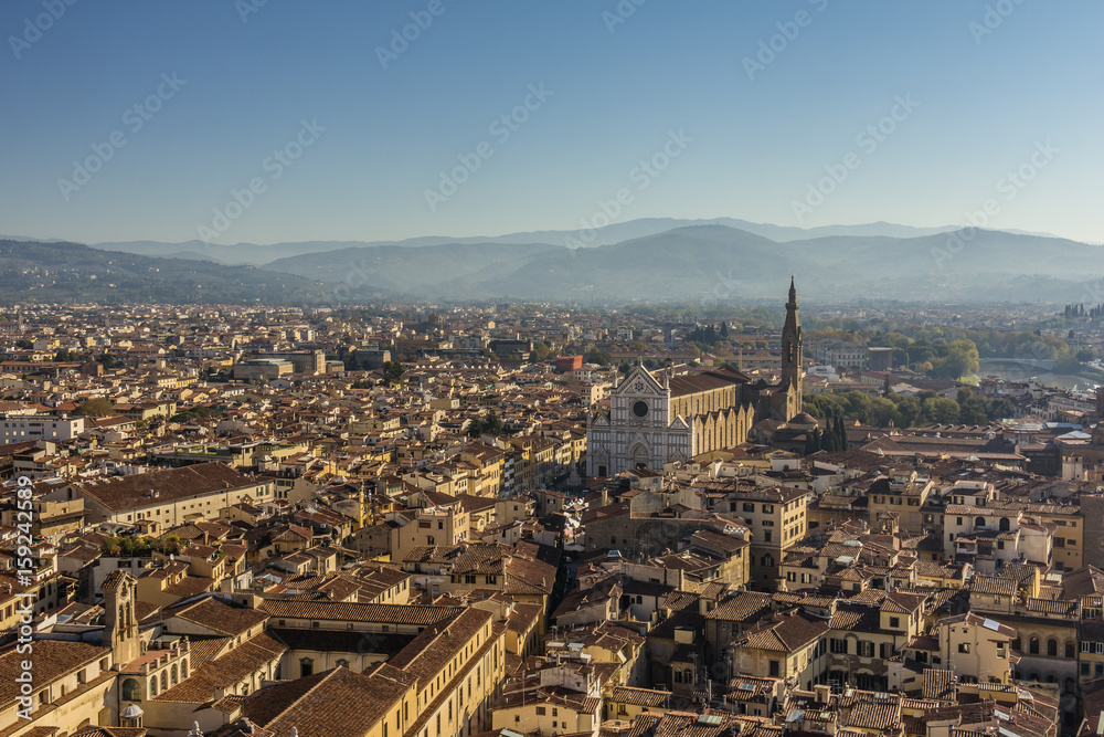 Panoramic view of Florence and The Basilica di Santa Croce in Florence, Italy