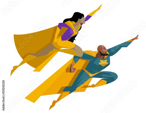 strong female and male superhero flying up