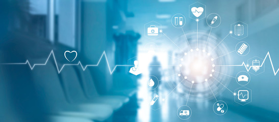 Medical icon network connection with modern virtual screen interface on hospital background, medicine technology network concept