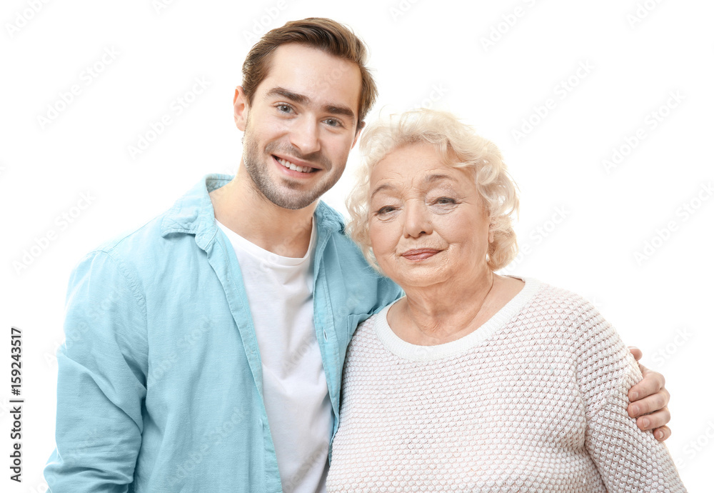 Young man with grandmother on white background Young man with grandmother on white background