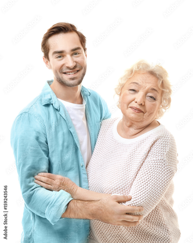 Young man with grandmother on white background Young man with grandmother on white background