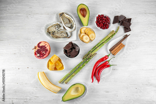 Εκτύπωση καμβά Different aphrodisiac food for increasing sexual desire on wooden table