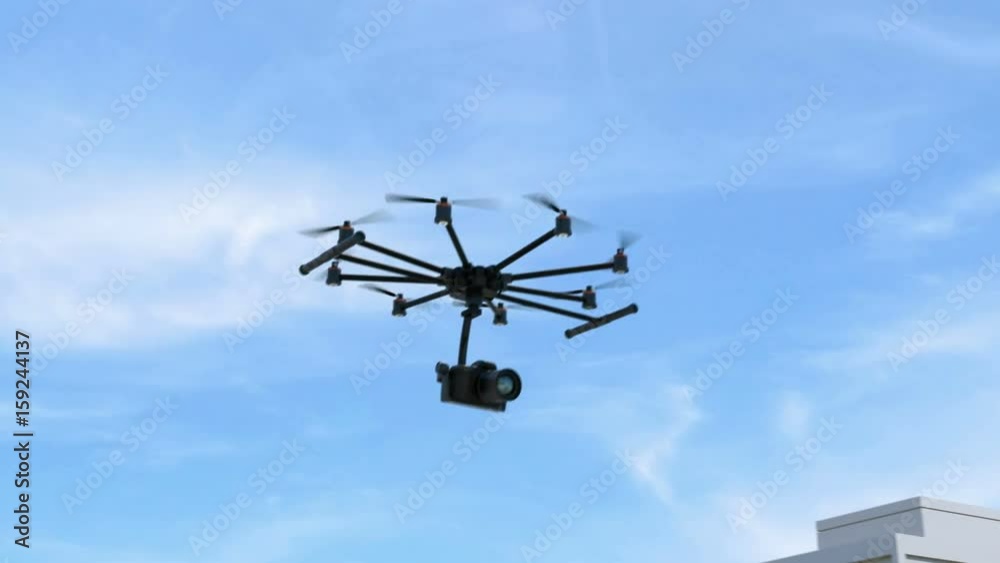 Octocopter recording car accident by DSLR camera. 3D rendering animation. Octocopter recording car accident by DSLR camera. 3D rendering animation.