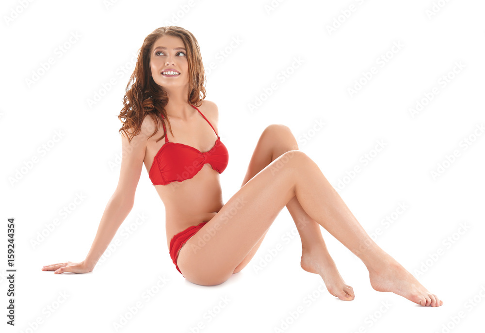 Beautiful young woman in swimsuit on white background Beautiful young woman in swimsuit on white background