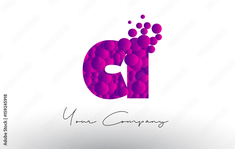 Fototapeta premium CI C I Dots Letter Logo with Purple Bubbles Texture.