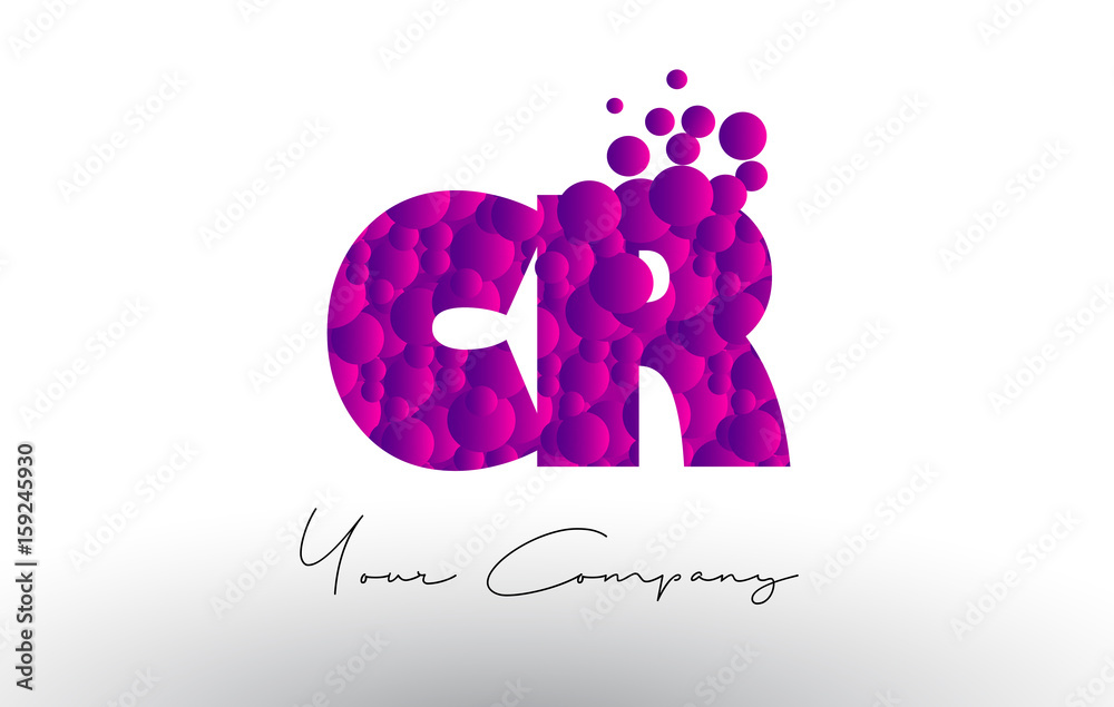 CR C R Dots Letter Logo with Purple Bubbles Texture.