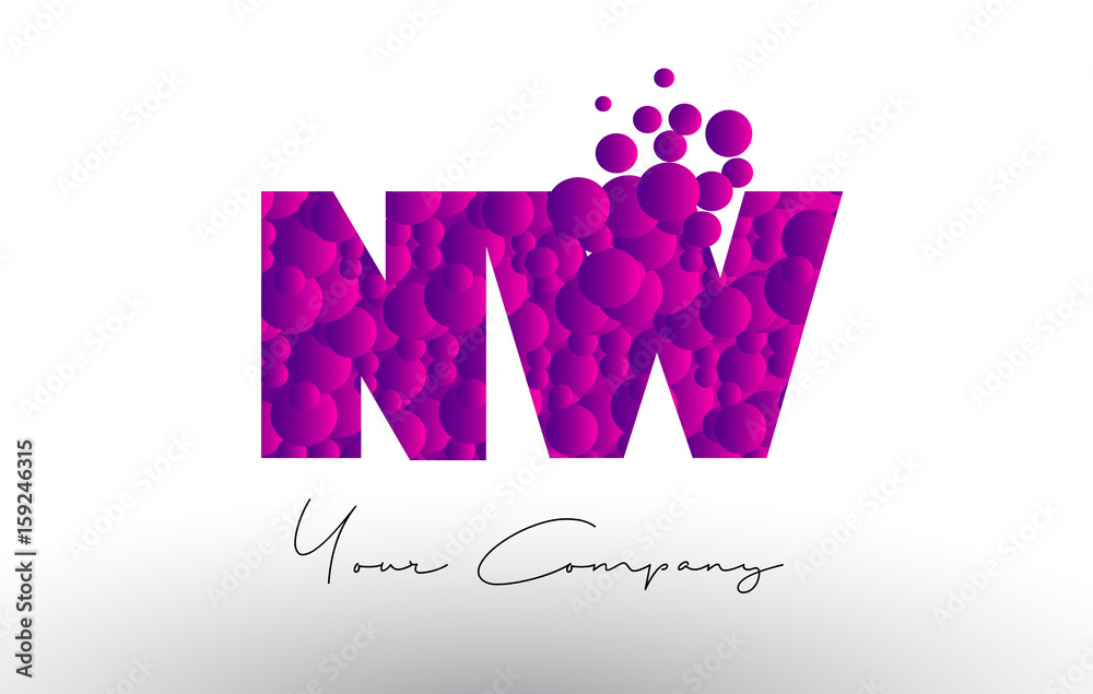 NW N W Dots Letter Logo with Purple Bubbles Texture. NW N W Dots Letter Logo with Purple Bubbles Texture.