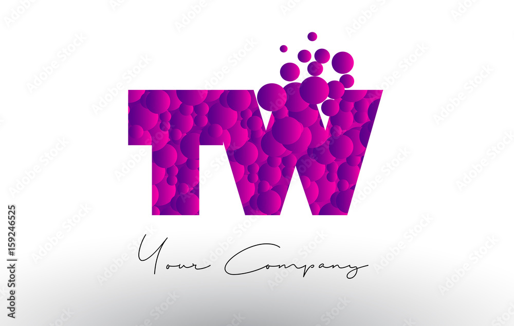 TW T W Dots Letter Logo with Purple Bubbles Texture. TW T W Dots Letter Logo with Purple Bubbles Texture.