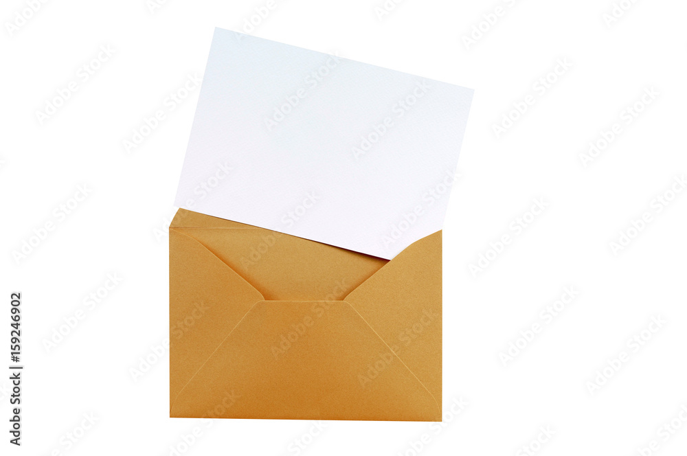One single brown envelope top flap open with invite invitation greeting or post card inside isolated on white background photo One single brown envelope top flap open with invite invitation greeting or post card inside isolated on white background photo