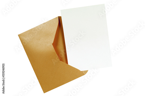 One single brown envelope top flap open with invite invitation greeting or post card inside isolated on white background photo