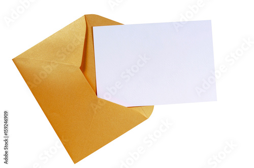 One single brown gold envelope top flap open with invite invitation greeting or post card inside isolated on white background photo