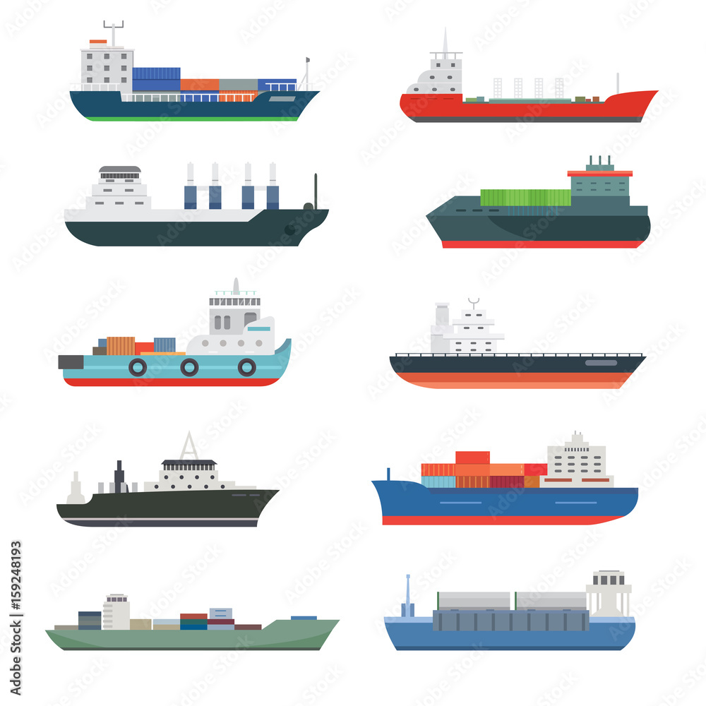 Fototapeta premium Cargo vessels and tankers shipping delivery bulk carrier train freight boat tankers isolated vector illustration