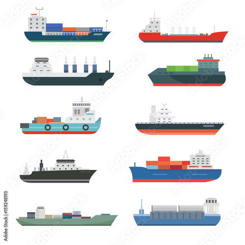 Cargo vessels and tankers shipping delivery bulk carrier train freight boat tankers isolated vector illustration
