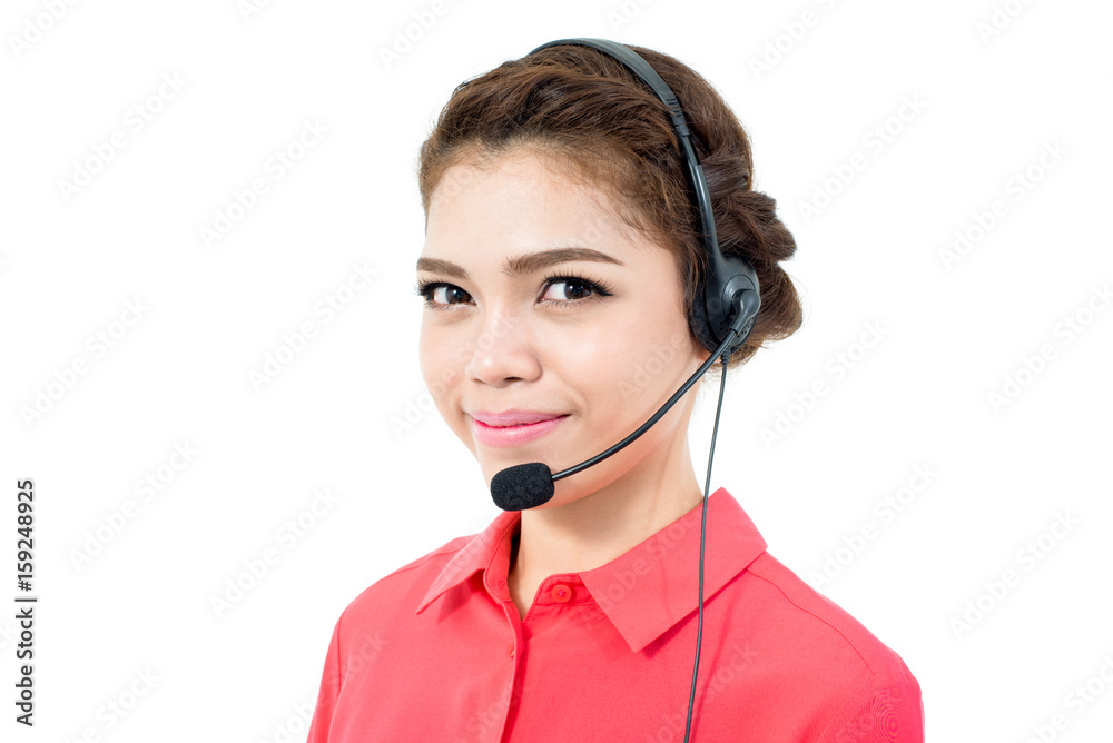 Young businesswoman wearing microphone headset Young businesswoman wearing microphone headset