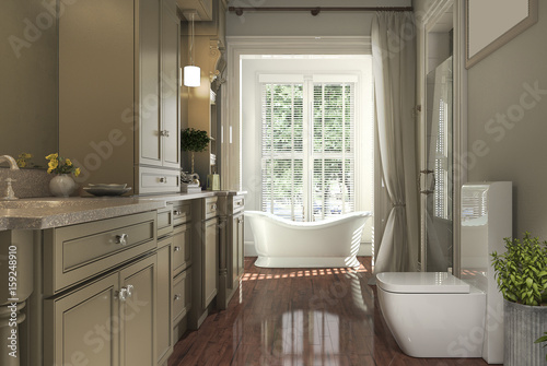 3d rendering classic bathroom with wood floor and garden view from window