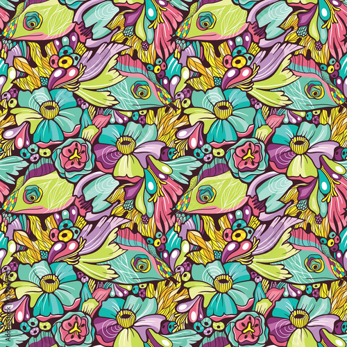 Colorful seamless floral pattern with lizards